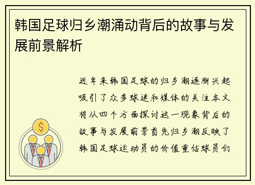 韩国足球归乡潮涌动背后的故事与发展前景解析